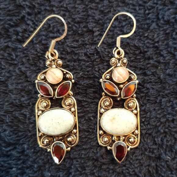 Victorian Genuine NATURAL Garnet, Rhodolite & Variscite 925 Silver Earrings - Picture 3 of 14